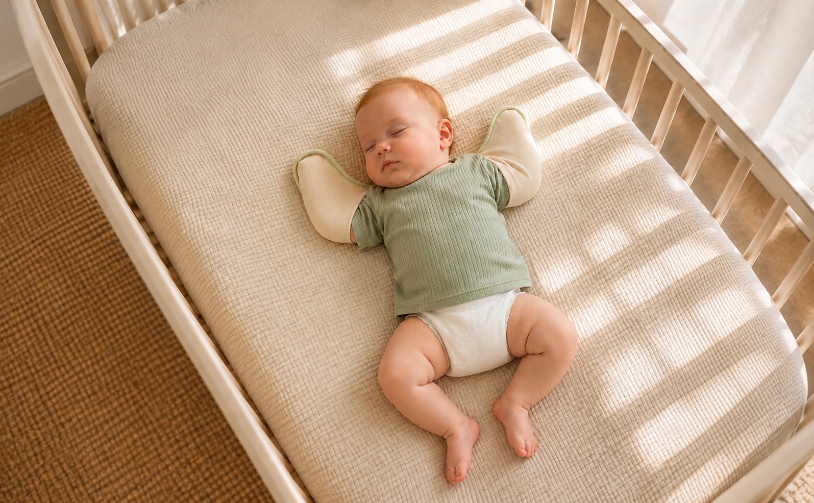 Baby wearing the AVELOOM Bolero Swaddle with the lower body open