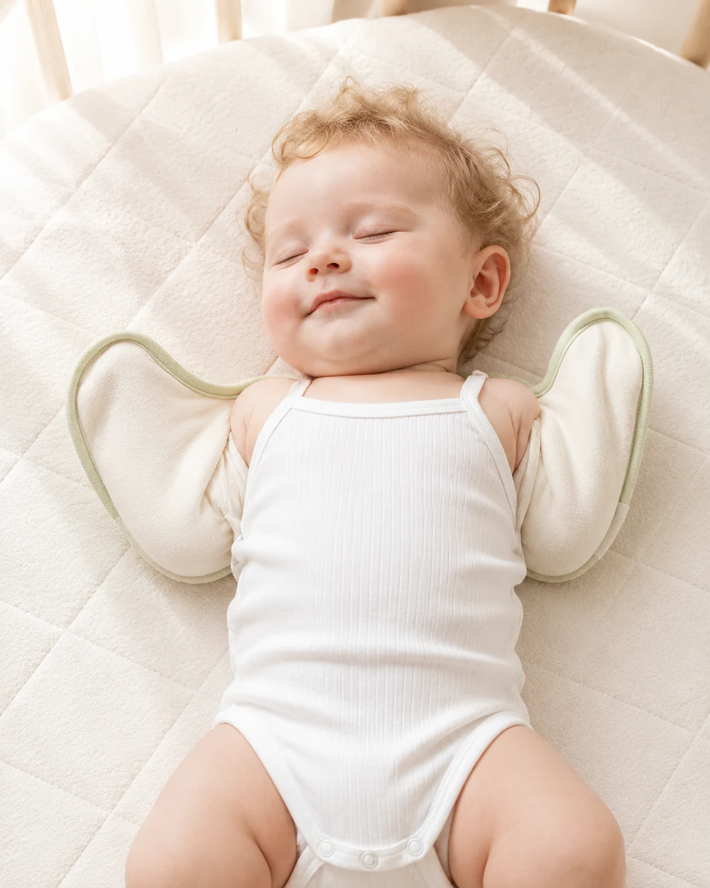 Close view of a baby wearing the AVELOOM Bolero Swaddle